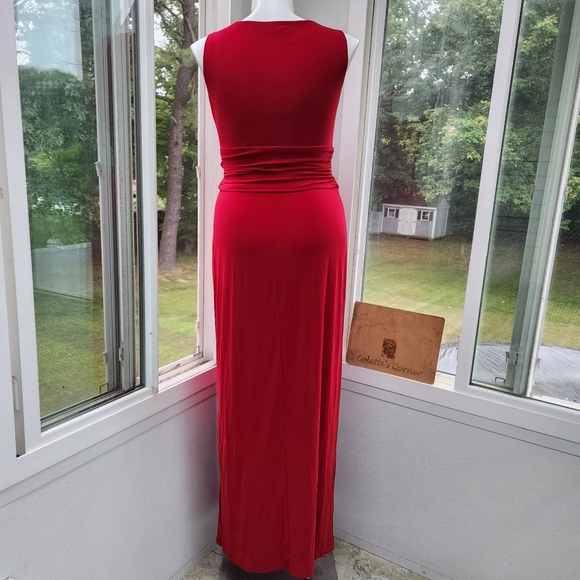 CHAPS Dark Red Stretch Jersey Faux Wrap Ruched Maxi Dress - Picture 4 of 11